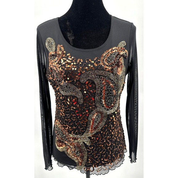 Cartise Tops - Cartise Womens Scoop Neck Long Sleeve Top Large Black Bronze Sequin Knit
